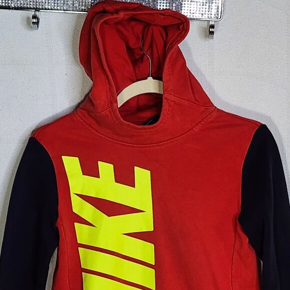 Nike Red Black LS Neon Yellow Logo Hooded Pull On Pocketed Cotton Poly Hoodie L - Picture 2 of 16